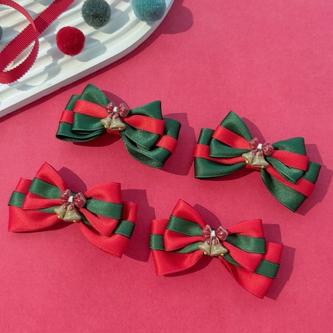 Pinces à Cheveux Nœud de Noël Faites à la Main Avec Cloches Dorées Ruban Rayé Rouge Vert Accessoires de Cheveux Princesse