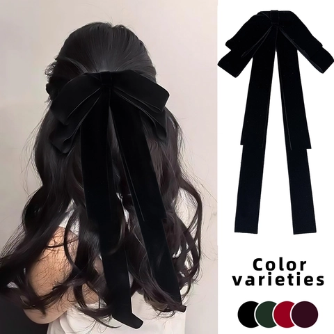 Franse Vintage Grote Fluwelen Strik Haarclip Met Lang Lint Elegante Veerclip Haarkaart Voor Dames Herfst Winter Hoofddeksel