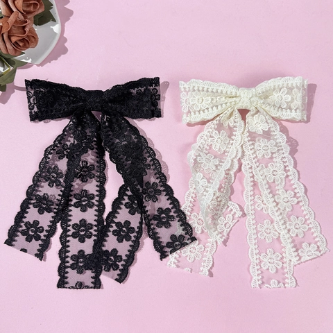 Elegante Pinza Para El Cabello Con Lazo De Encaje Francés Con Cinta Larga Clip De Resorte Retro De Doble Capa Para Mujer