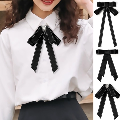 Spilla a Fiocco in Nastro Stile Preppy Vintage Per Donna Strass Cuciture a Contrasto Decorazione Colletto Camicia Uniforme Scolastica