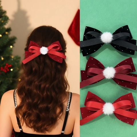 Fermaglio per Capelli Fiocco di Velluto Vintage Con Strass Nastro di Raso e Palla di Pelliccia Sintetica Accessori per Capelli