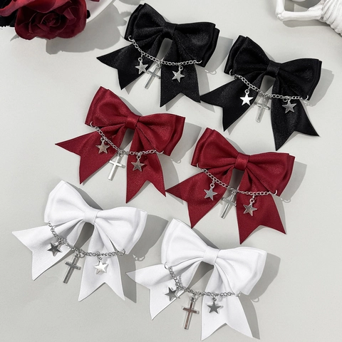 Gothic Dark Satin Schleife Haarklammer Mit Kreuz Stern Metallkette Anhänger Schleife Entenschnabel-Clip Für Damen Party Haarschmuck