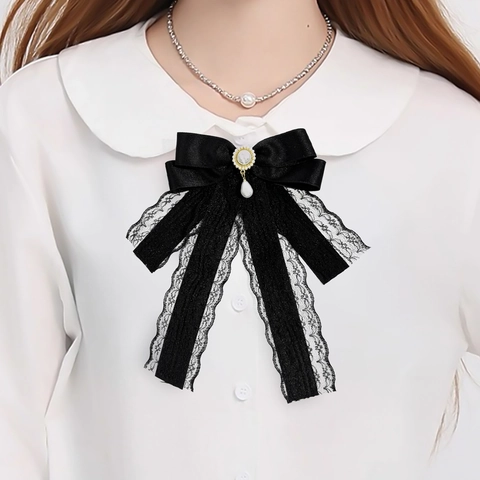 Spilla a Fiocco Vintage in Raso e Pizzo Nero per Donna Stile Preppy Sweet Cool Pendaglio di Perla Artificial Accessorio per Camicia