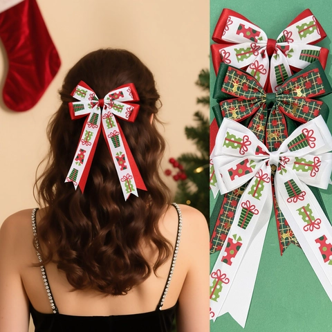 Kerst Dubbellaagse Strik Haarspeld Met Rendier Ruit Webbing Lint Lange Streamer Voor Vrouwen Meisjes Vakantie Feest