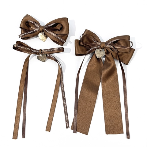 Elegante Pinza de Pelo con Lazo de Cinta de Satén con Colgante de Corazón Cinta Larga Retro Café Marrón para Mujer