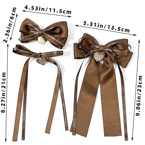Elegante Pinza de Pelo con Lazo de Cinta de Satén con Colgante de Corazón Cinta Larga Retro Café Marrón para Mujer
