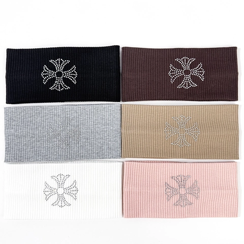 Fascia per Capelli in Maglia a Coste da Donna con Motivo a Croce in Strass Fascia Elastica a Tesa Larga Moda Gothic Streetwear Fascia Sportiva