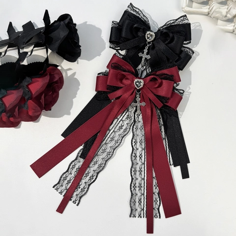 Gothic Lolita Schleife Haarklammer Mit Kreuzanhänger Herz Strass Satinband Spitze Langes Band Für Damen Party Cosplay Haarschmuck