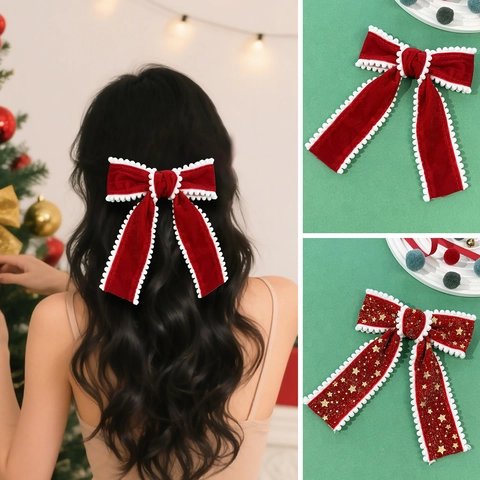Christmas Red Velvet Bow Hair Clip For Women Sweet Princess Handmade Gold Star Print Hair Accessories For Holiday Party