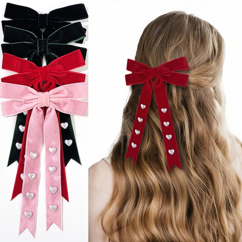 Vintage Velvet Bow Hair Clip With Heart Artificial Pearl Long Ribbon Streamer Elegant Korean Style Hair Accessories For Women