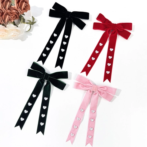 Vintage Velvet Bow Hair Clip With Heart Artificial Pearl Long Ribbon Streamer Elegant Korean Style Hair Accessories For Women