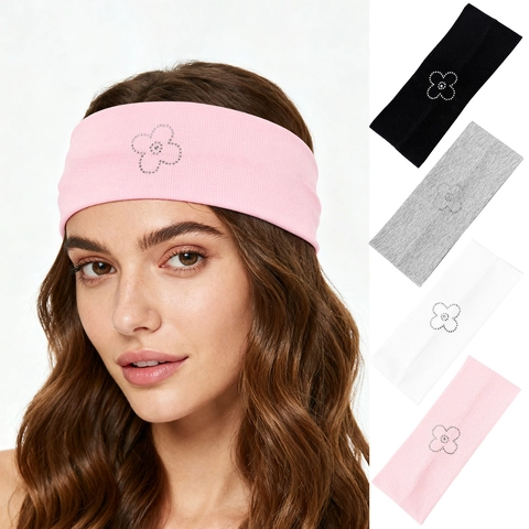 Damen Geripptes Gestricktes Elastisches Stirnband Strass Kleeblatt Blumenmuster Sport Yoga Süßes Cooles Haarband Zubehör
