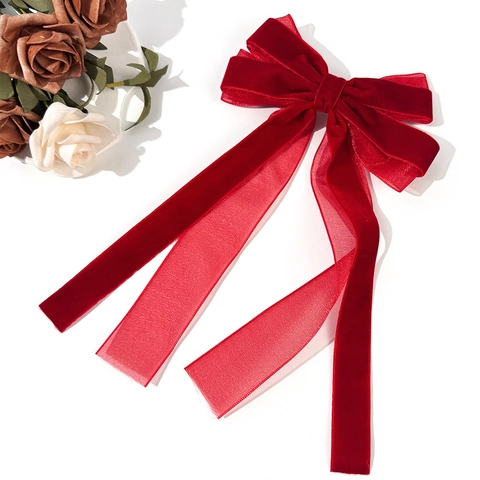 Pince à Cheveux Nœud Papillon Vintage en Velours et Organza Avec Longs Rubans pour Femmes Accessoires de Cheveux Français
