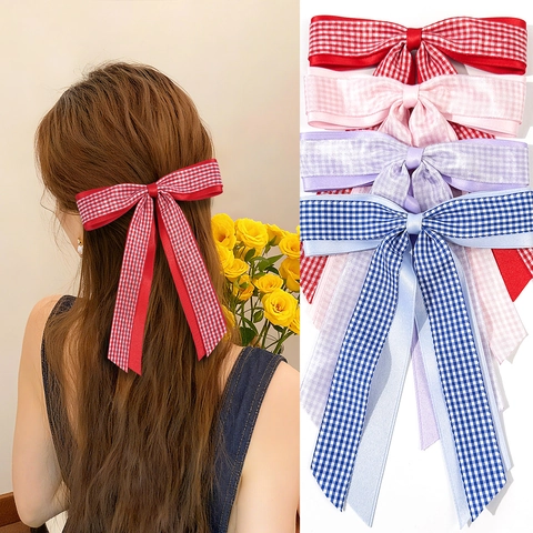 Pince à Cheveux Style Britannique Nœud Gingham Longs Rubans Doux Ruban Preppy Accessoires Cheveux Pour Femmes Filles