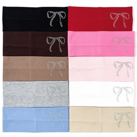 Fascia per Capelli Donna a Maglia Elastica Con Fiocco di Strass Luccicanti a Costine per Sport Yoga Casual Moda Accessori