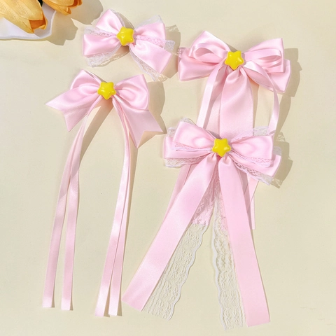 Pinza de Pelo con Lazo de Satén Rosa Dulce Con Decoración de Estrella Amarilla Cinta de Encaje Hecha a Mano para Niñas Mujeres
