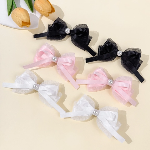 Pinzas para el Cabello de Cinta con Lazo de Doble Capa Dulce Perla Artificial para Mujer Balletcore Niña Horquilla Accesorios