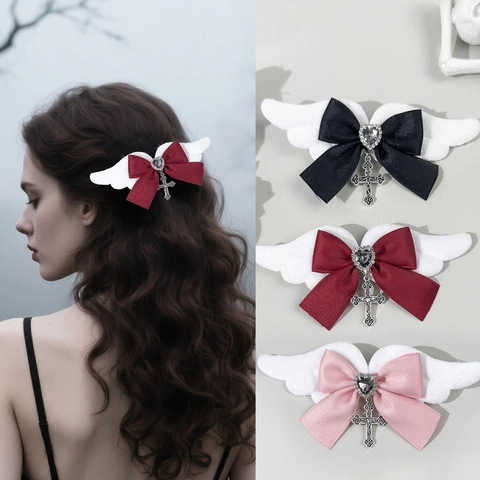 Fermaglio per Capelli Fiocco Ali d'Angelo Gothic Lolita Con Strass a Cuore Ciondolo Croce Argento Accessori Capelli Donna