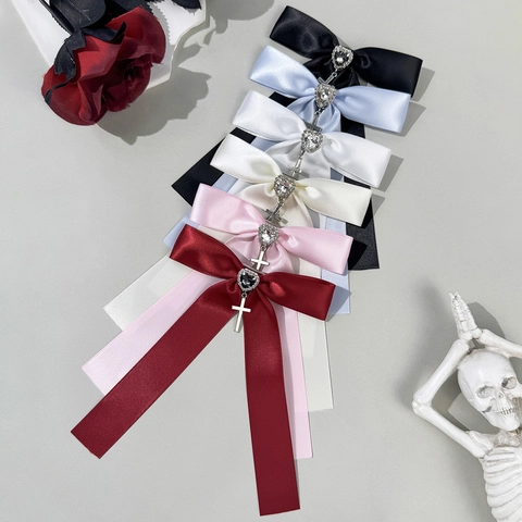 Fermaglio per Capelli a Fiocco in Nastro di Raso Gotico Con Pendente a Croce e Strass a Cuore Accessorio per Capelli Donna Ragazza