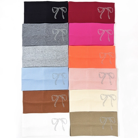 Women Ribbed Knit Elastic Headband With Rhinestone Bow Sweatband For Yoga Sports Fashion Hairband Accessories