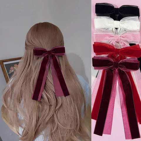 Grande Barrette Nœud en Velours et Organza Avec Longs Rubans Accessoire Cheveux Élégant Style Français Vintage Pour Femmes