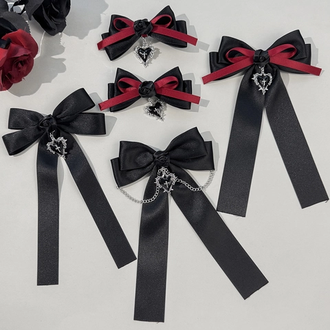 Gothic Rose Bow Hair Clip For Women Dark Punk Lolita Cross Heart Pendant Chain Ribbon Hairpin Fashion Hair Accessories