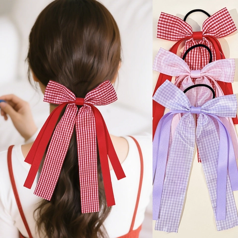 Süßer Karierter Schleifen Haargummi Lange Bänder Band Chouchou Britischer Akademie Stil Retro Haarschmuck Für Damen
