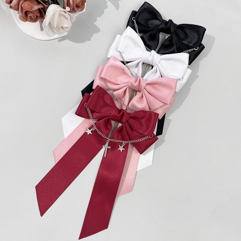 Gothic Satin Schleife Haarspange Mit Metallkette Stern Kreuz Anhänger Sweet Cool Lolita Haarnadel Kopfschmuck Für Damen
