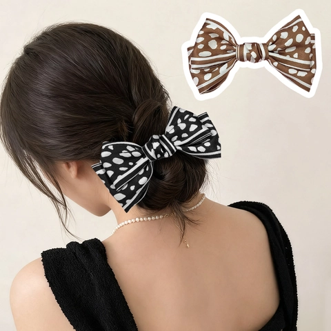 Elegante Satijn Strik Haarclip Luipaardprint Stippen Grote Veerclip Mode Haaraccessoires Voor Dames Meisjes
