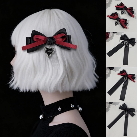 Gothic Rose Bow Hair Clip For Women Dark Punk Lolita Cross Heart Pendant Chain Ribbon Hairpin Fashion Hair Accessories