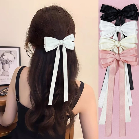 Satijnlint Haarstrik Met Lange Wimpels Elegante Oversized Haarklem Alligator Clip Voor Vrouwen Meisjes Huwelijk