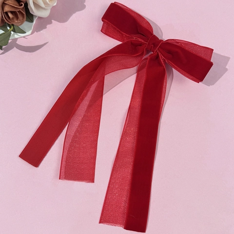 Grande Barrette Nœud en Velours et Organza Avec Longs Rubans Accessoire Cheveux Élégant Style Français Vintage Pour Femmes