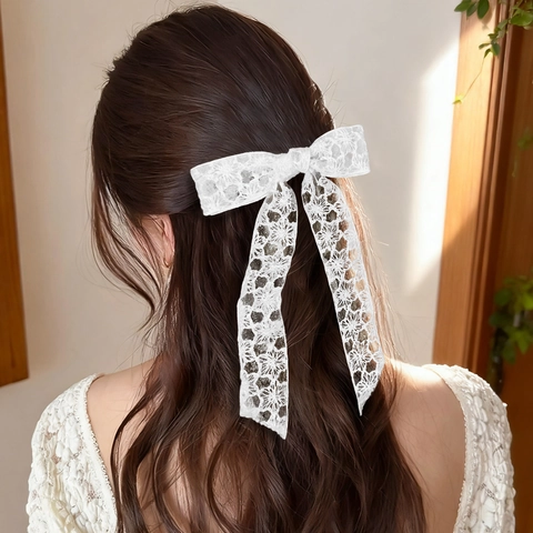 Französischer Vintage Spitze Schleife Haarklammer Mit Bestickten Blumen Lange Streamer Eleganter Süßer Kopfschmuck Damen Accessoires