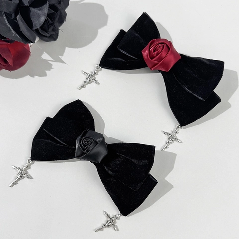 Gothic Dunkel Samt Schleife Haarspange Für Damen Mode Handgefertigt Gothic Stil Rose Kreuz Anhänger Haarschmuck