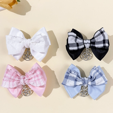 Süße Balletcore Satin Schleife Haarspange Mit Sternanhänger Karo Stoff Lolita Schnabelspange Frisch Haarschmuck Für Damen