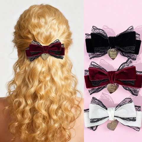 Retro Süß Spitze Samt Schleife Haarspange Mit Metall Herz Anhänger Lolita Stil Y2K Mode Entenschnabelklemme Haarschmuck