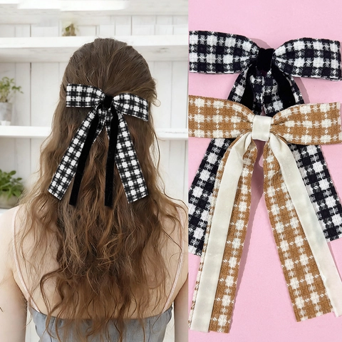 Pinza para el Cabello con Lazo de Mariposa a Cuadros Estilo Japonés con Cintas Largas Elegante Clip de Cocodrilo Retro para Mujer