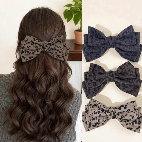 Pince à Cheveux Nœud Imprimé Léopard Vintage Tissu Grande Pince Croco Accessoire de Coiffure pour Femmes Fait à la Main Style Maillard