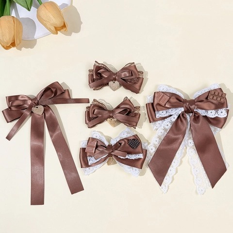 Elegante Molletta per Capelli con Fiocco Marrone Caffè per Donna Pizzo Satin Ciondolo a Cuore Fiocco Dolce Accessori per Capelli alla Moda