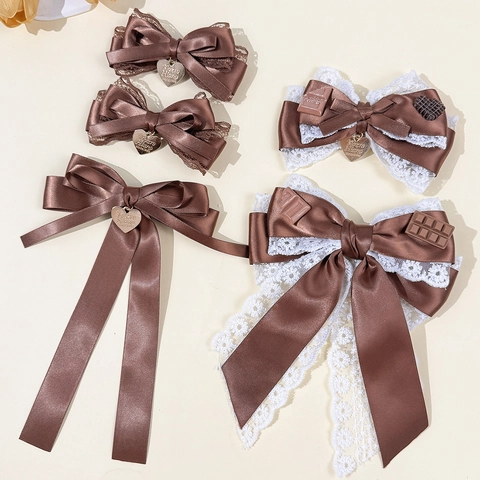 Elegante Molletta per Capelli con Fiocco Marrone Caffè per Donna Pizzo Satin Ciondolo a Cuore Fiocco Dolce Accessori per Capelli alla Moda