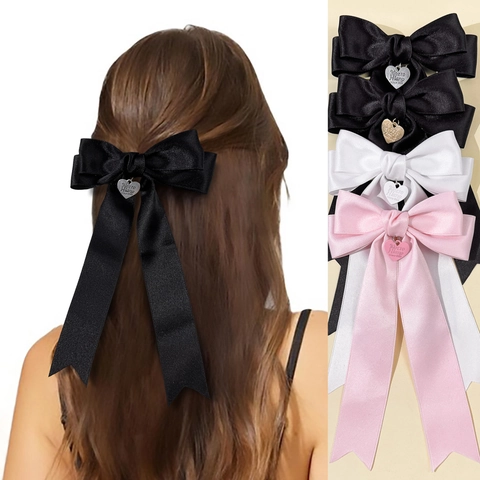 Eleganter Satinband Schleife Haarspange Französischer Stil Langer Streamer Schleifen Haarnadel Mit Herzanhänger Kopfschmuck Für Damen Mädchen