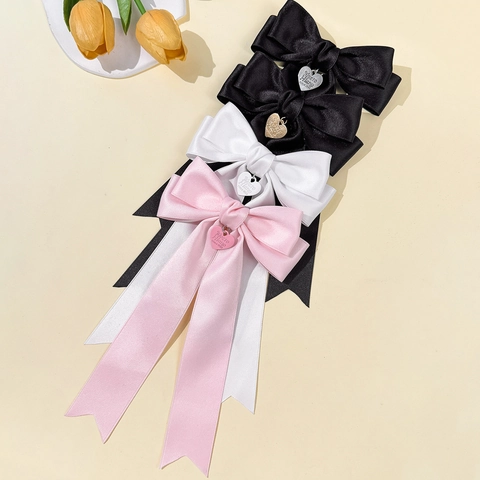 Eleganter Satinband Schleife Haarspange Französischer Stil Langer Streamer Schleifen Haarnadel Mit Herzanhänger Kopfschmuck Für Damen Mädchen