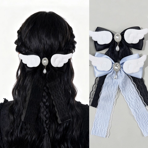 Angel Wings Lace Bow Hair Clip Lolita Gothic Rhinestone Artificial Pearl Pendant Ribbon Hair Accessory For Women Jewelry