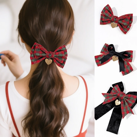 Süße Rot Kariert Schleife Haarspange Mit Herzanhänger Elegant Weihnachten Band Samt Haarnadel Für Damen Mode Haarschmuck