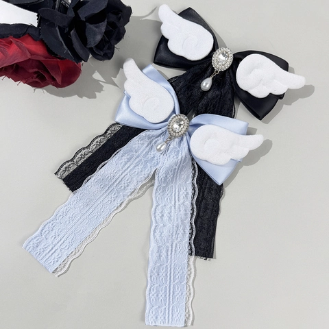 Angel Wings Lace Bow Hair Clip Lolita Gothic Rhinestone Artificial Pearl Pendant Ribbon Hair Accessory For Women Jewelry