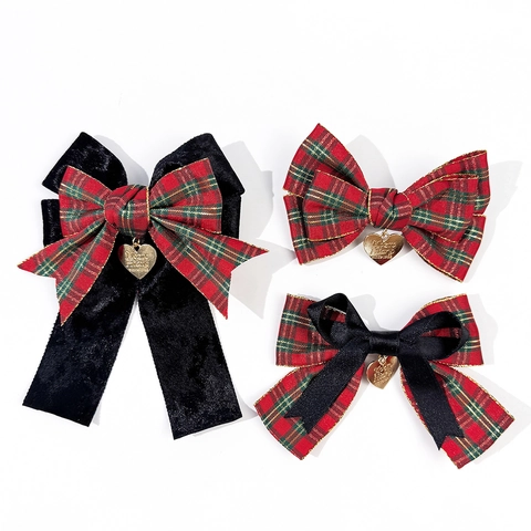 Süße Rot Kariert Schleife Haarspange Mit Herzanhänger Elegant Weihnachten Band Samt Haarnadel Für Damen Mode Haarschmuck