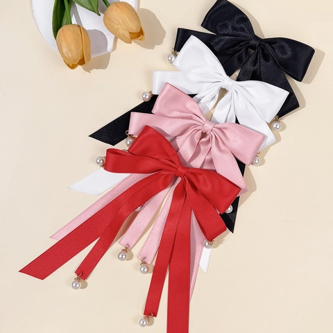 Elegante Fermaglio per Capelli a Fiocco in Nastro Con Ciondolo in Perla Artificiale Stile Dolce e Fresco Clip a Becco d'Anatra per Donna Ragazza