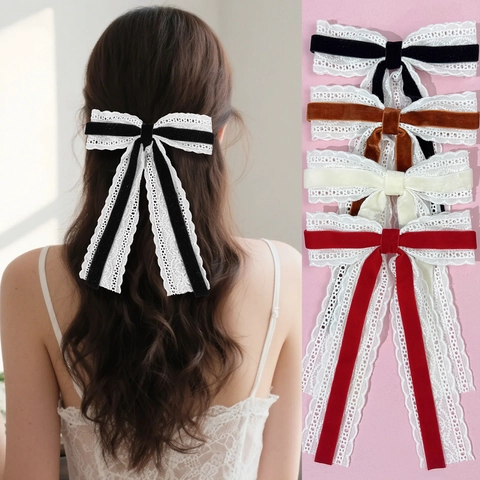 French Elegant Velvet Lace Bow Hair Clip With Long Streamer For Women Vintage Sweet Fairy Style Hair Accessories