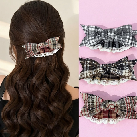 Vintage Karo Schleife Haarspange Mit Spitzenkante Retro Handgefertigte Stoff Entenschnabel-Clip Haarschmuck Für Damen Süß