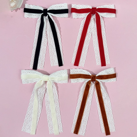 French Elegant Velvet Lace Bow Hair Clip With Long Streamer For Women Vintage Sweet Fairy Style Hair Accessories